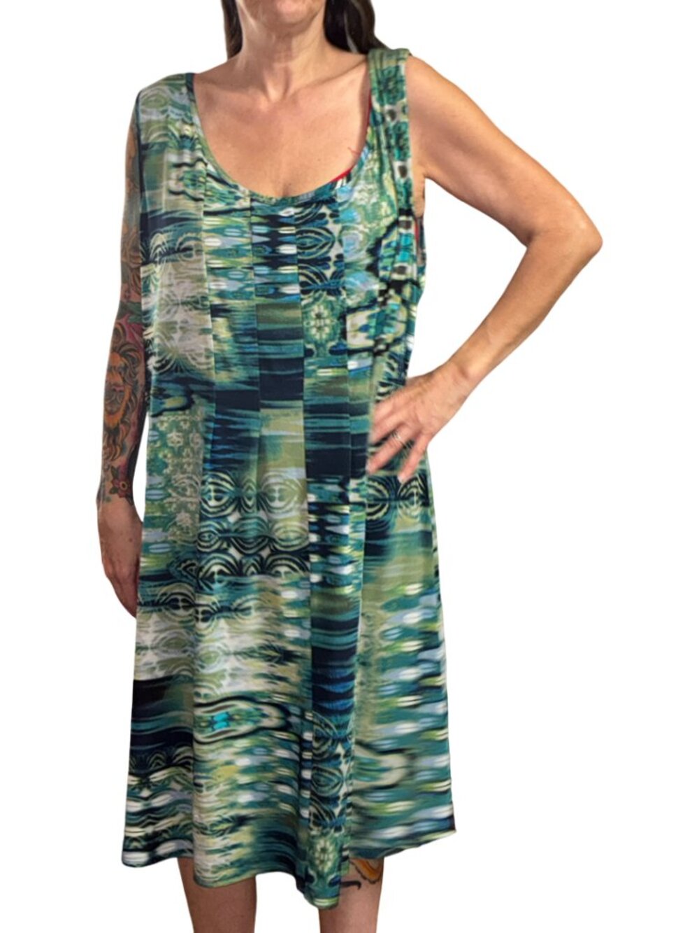 2X*NY Collection*Green/Blue Abstract-Print Sleeveless Midi Dress